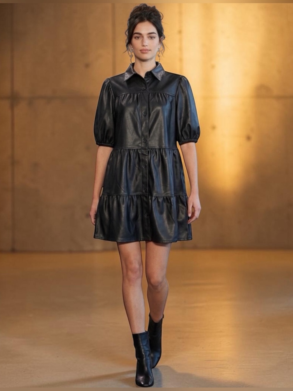 RD Style Black Faux Leather Tiered Shirt Dress Puff Sleeve Button Front Small